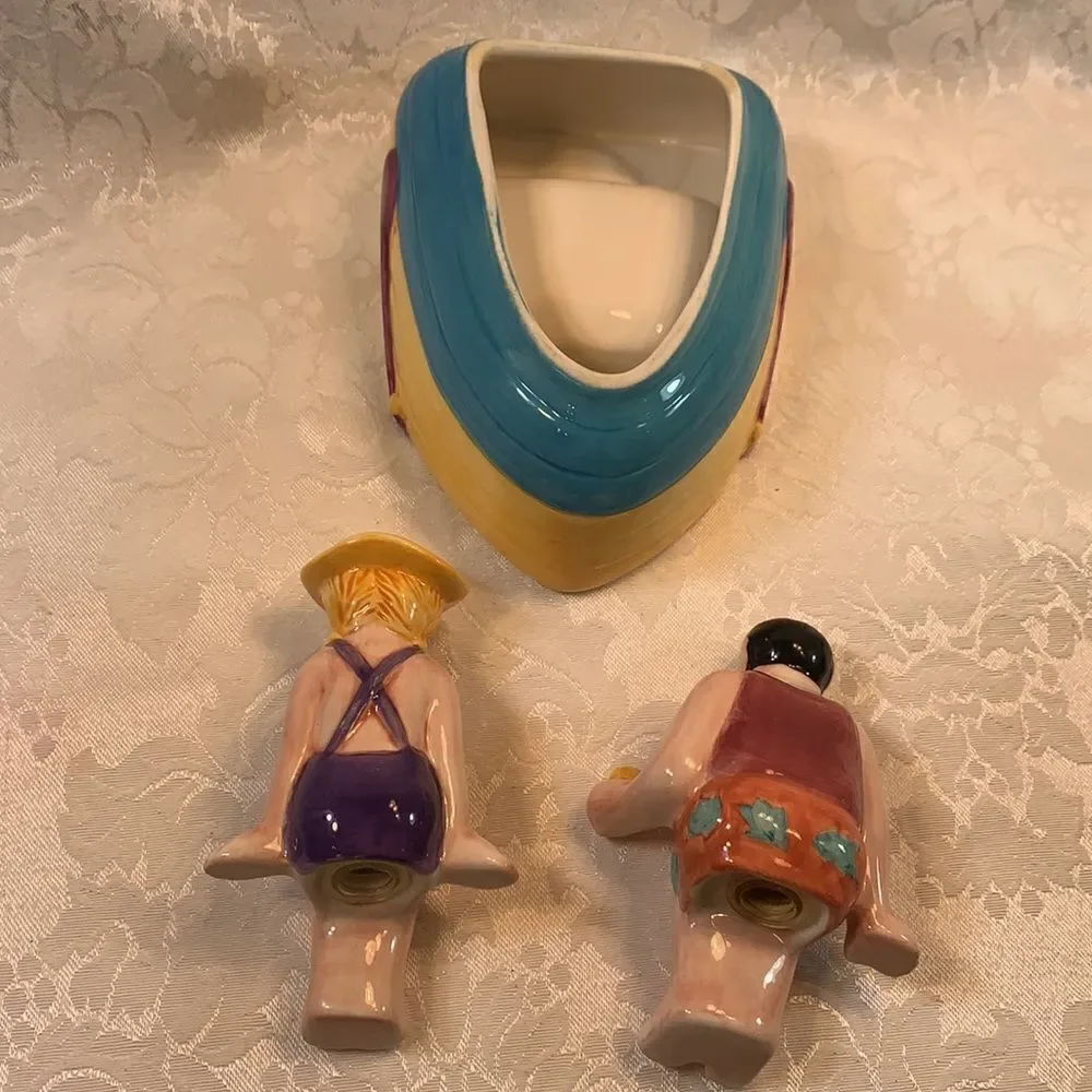 Summer Salt Pepper Shakers Row Boat Oars Man Drink Beer Woman Bathing Suit Fun